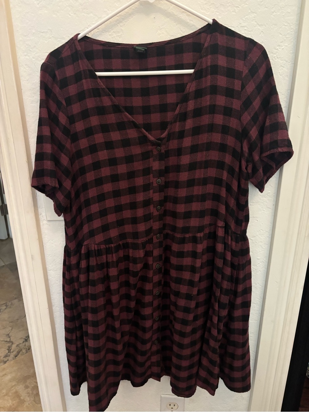 wild fable Burgundy and Black Plaid Button-Front Short Sleeve Dress